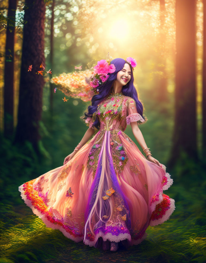 Woman in vibrant dress spins joyfully in sunlit forest with magical butterflies