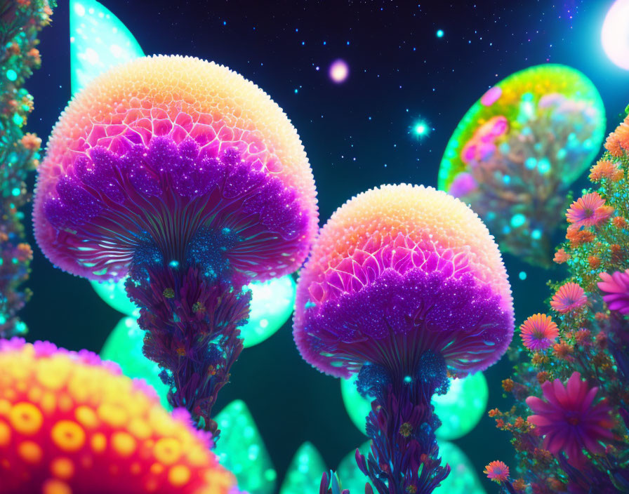 Bioluminescent jellyfish-like plants in fantastical underwater scene