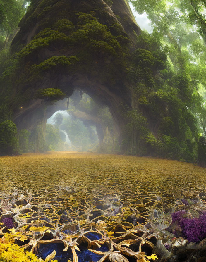 Mystical forest with hollow tree trunk and colorful leaves