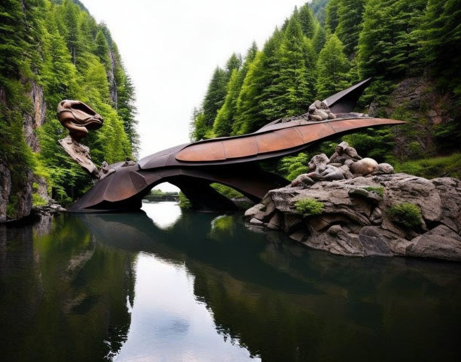 Futuristic metallic insect-like bridge over tranquil river surrounded by green cliffs