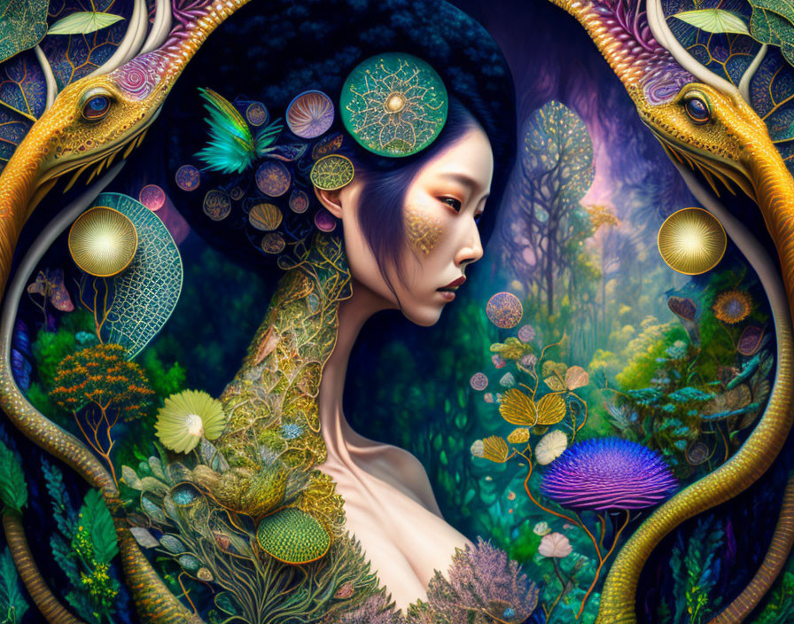 Vibrant surreal portrait of a woman in fantastical forest setting