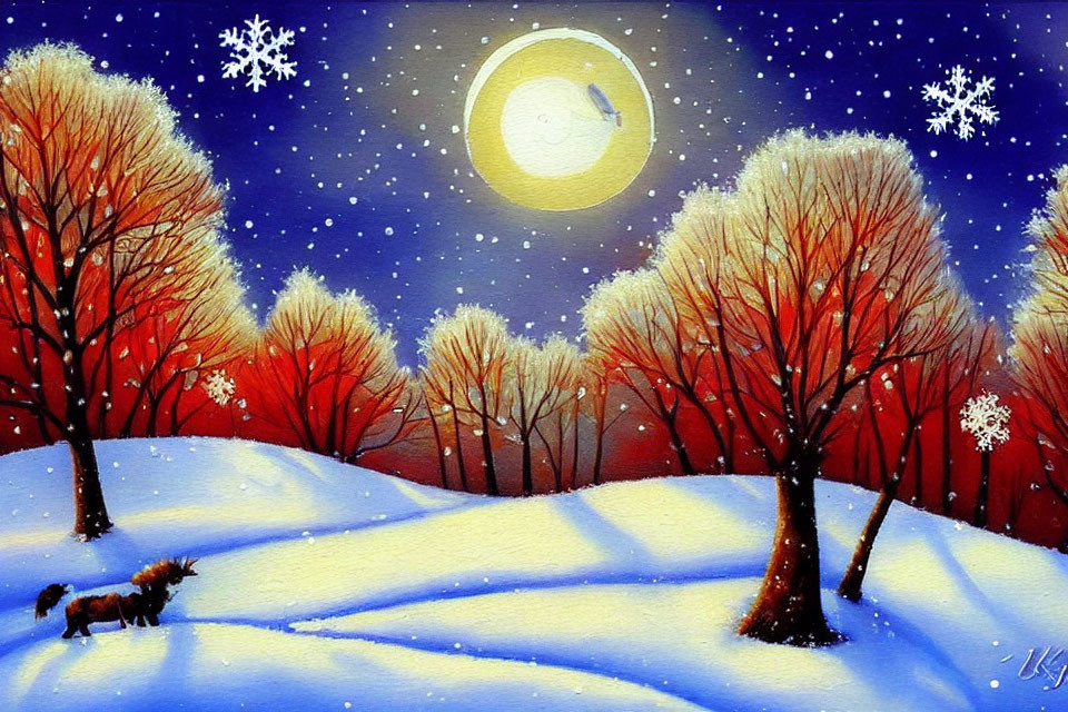 Snowy Night Landscape Painting with Full Moon, Falling Snowflakes, Red Trees, and Dog