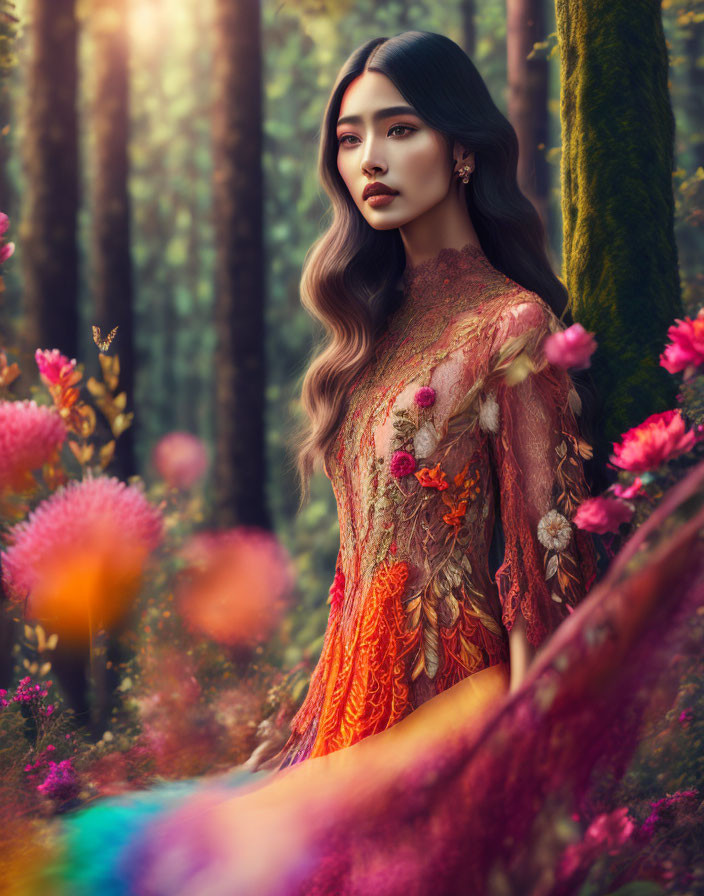 Detailed Orange Gown Woman in Vibrant Forest Scene