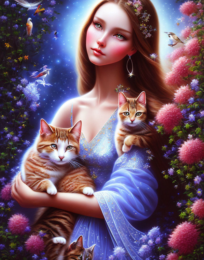 Ethereal woman with cats among vibrant flowers and birds