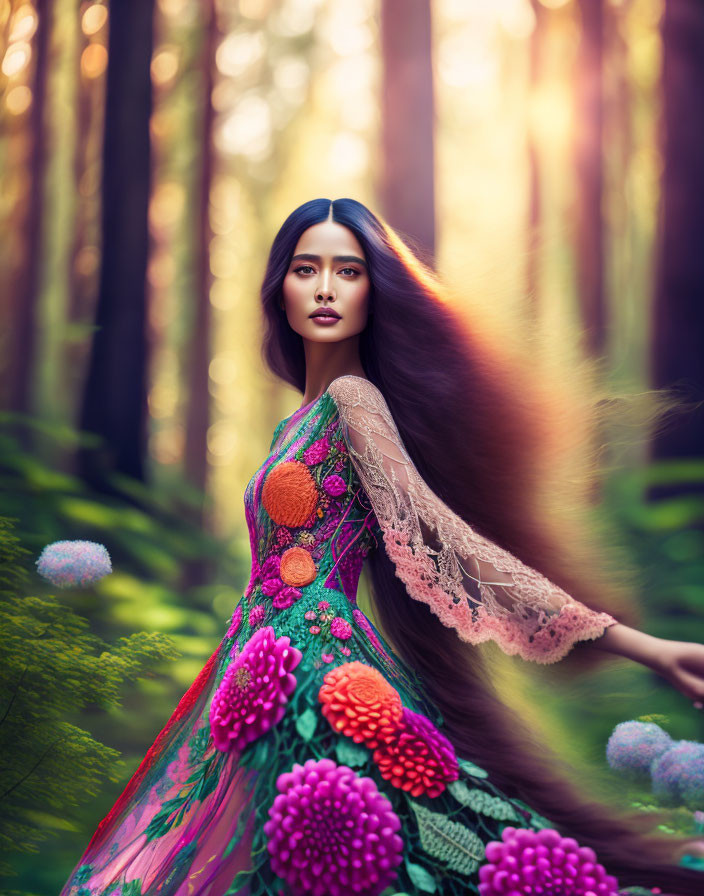 Woman in Colorful Floral Dress Standing in Sunlit Forest