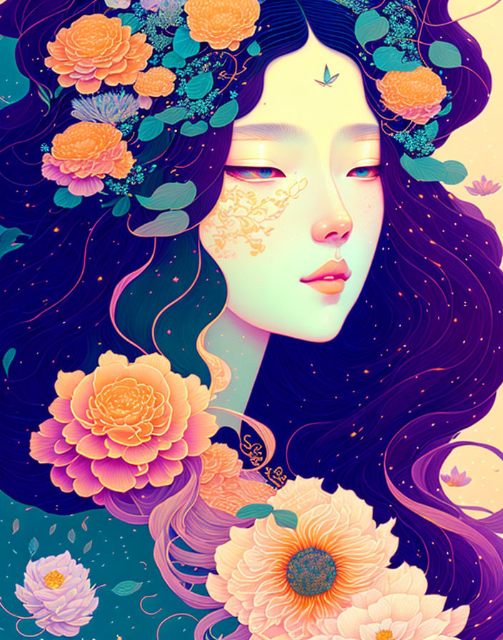 Illustrated portrait of a woman with purple hair and colorful floral accents