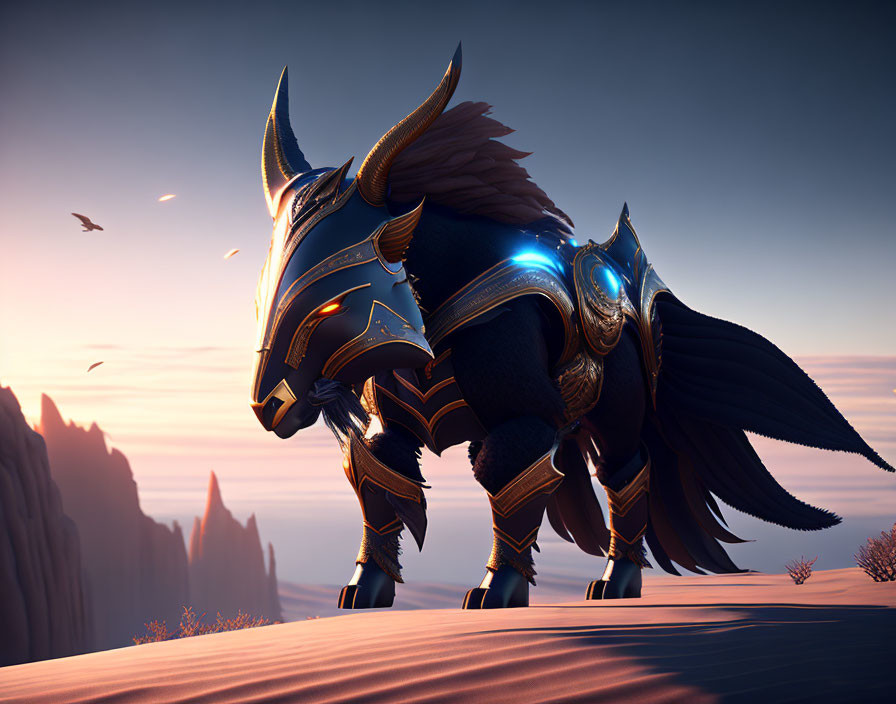 Animated armored bull on cliff at sunset with mountain landscape and flying birds