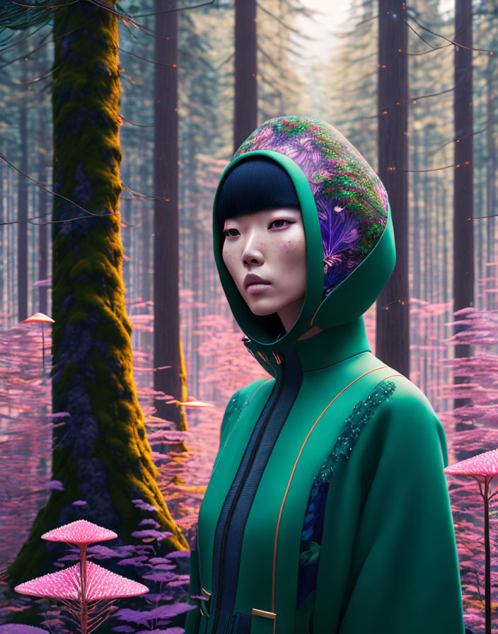 Person in Green Hooded Cloak Standing in Pink-Toned Mystical Forest