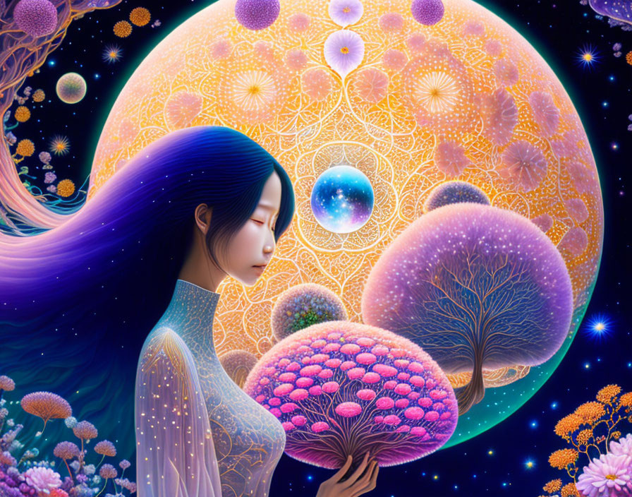 Surreal illustration: Woman with long hair holding coral-like tree, yellow mandala moon, star