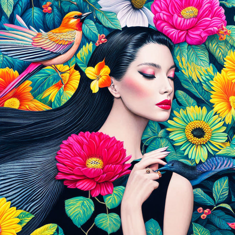 Woman with Long Black Hair Surrounded by Flowers, Bird, and Lizard on Blue Background