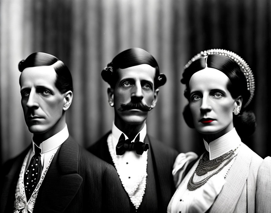 Vintage-style individuals with dramatic lighting: two men in bow ties and a woman with a pearl necklace.