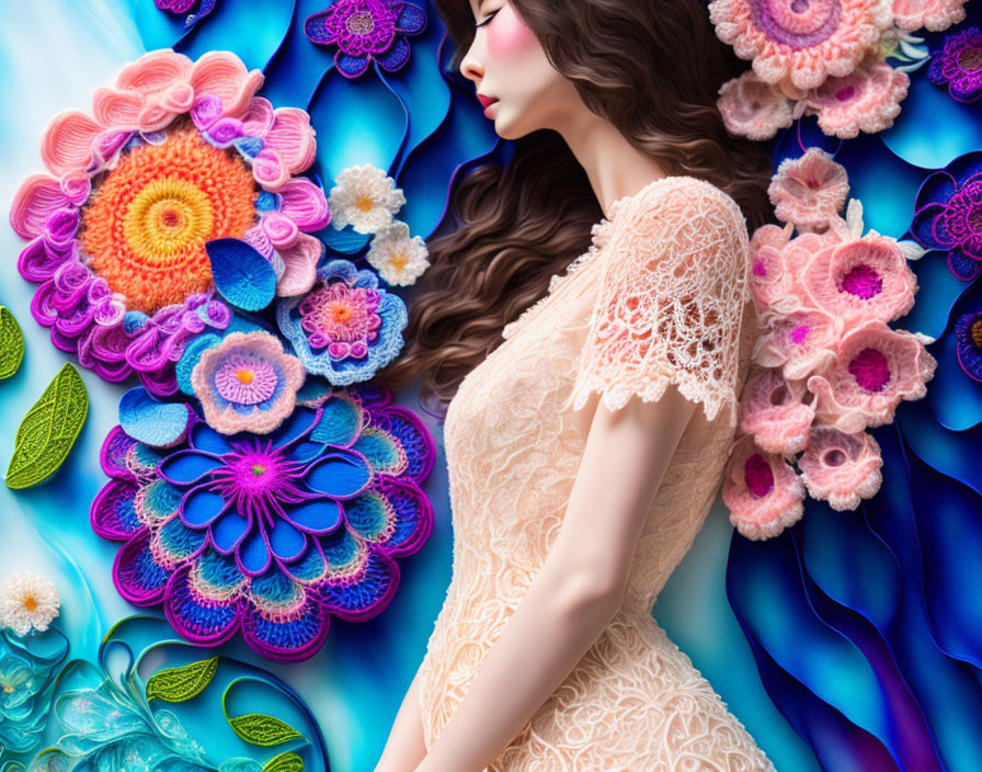 Woman in Lace Dress with Colorful Floral Backdrop