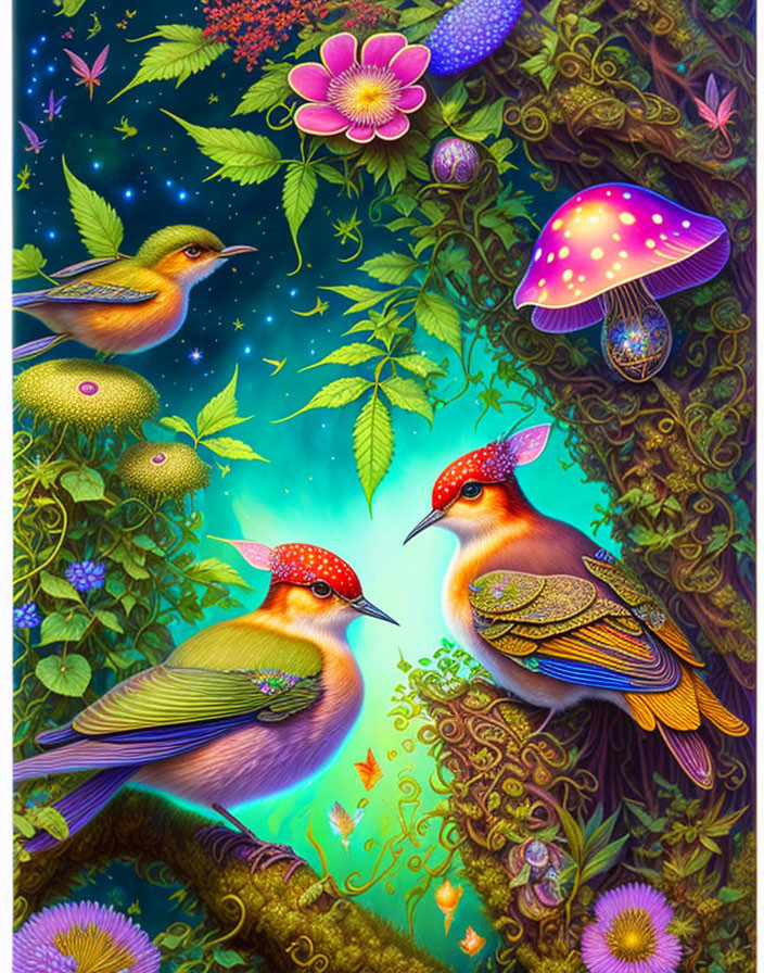 Colorful Birds, Luminescent Mushrooms, and Starry Night in Digital Art