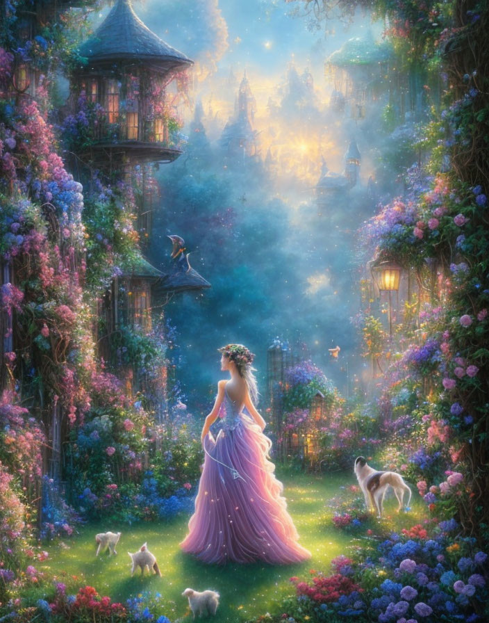 Woman in flowing gown in magical garden with blooming flowers, lampposts, animals, and