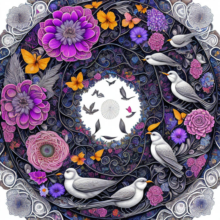 Circular purple mandala with flowers, birds, and butterflies in ornate design