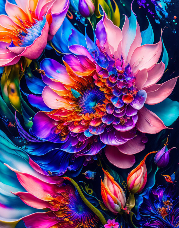 Colorful Close-Up of Surreal Flowers in Pink, Purple, Blue, and Orange