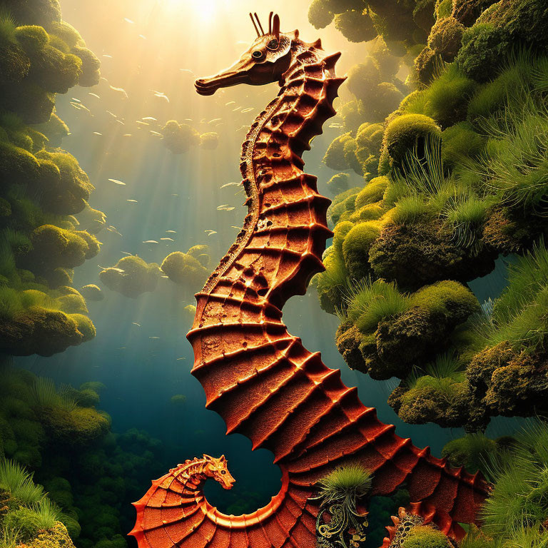 Fantasy sea dragons in underwater flora with sunlight filtering.