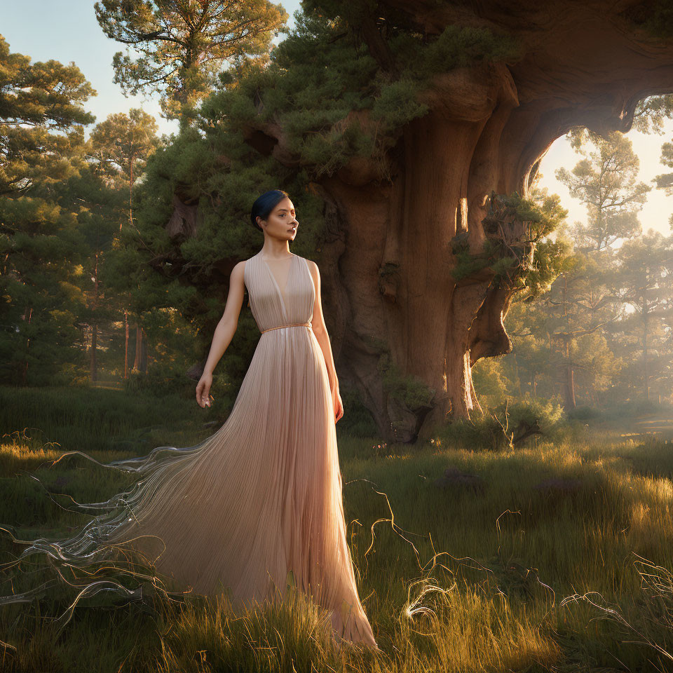 Woman in elegant dress under massive tree at sunset