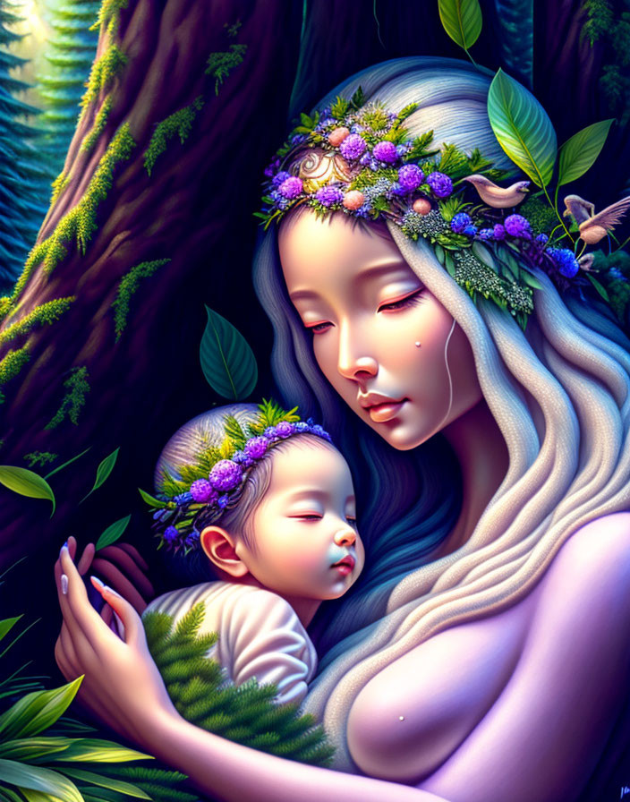 Illustration of woman with floral headpiece embracing sleeping child in lush forest