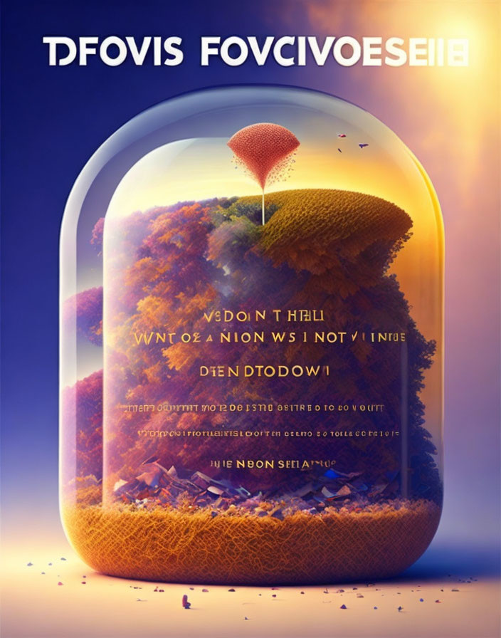 Surreal bell jar landscape with floating island and inverted text