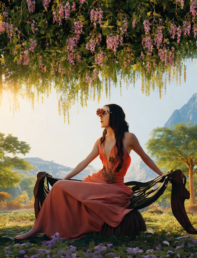 Woman in Peach Dress with Floral Headpiece Beneath Pink Blossom Canopy