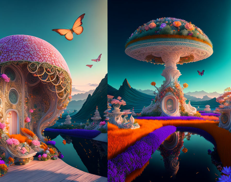 Vibrant fantastical landscape with otherworldly structures and sunset reflection