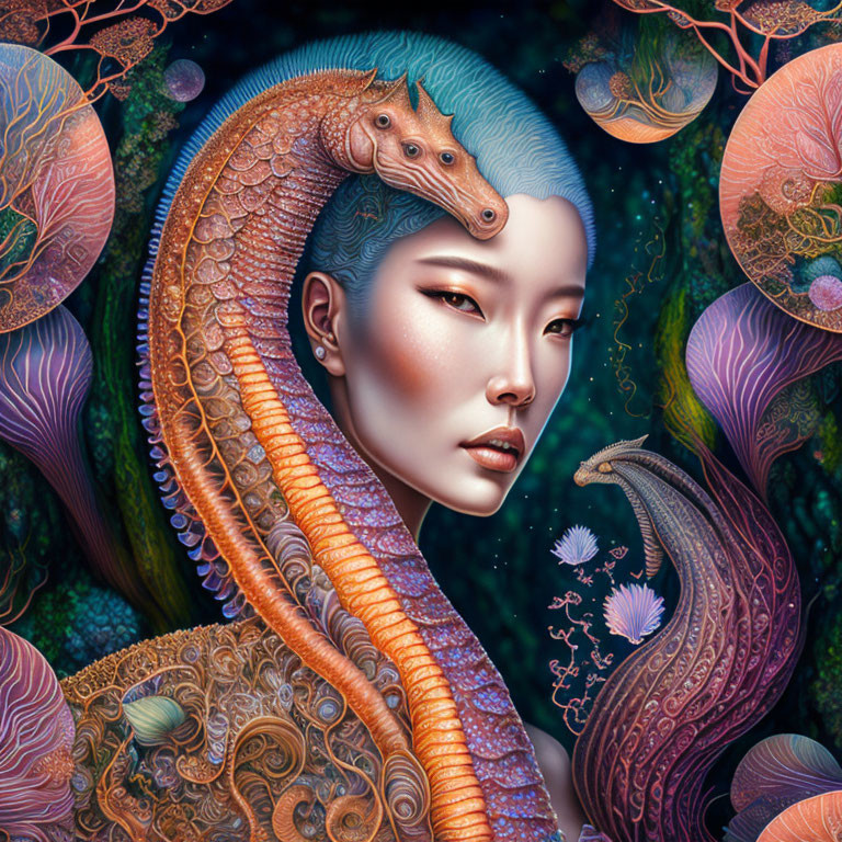 Surreal portrait of woman with intertwined dragon on vibrant floral background