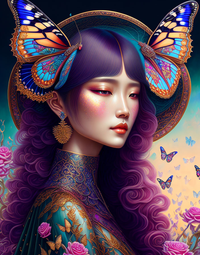 Illustration of woman with violet hair, butterfly earrings, butterfly wings hat, and floral motif.