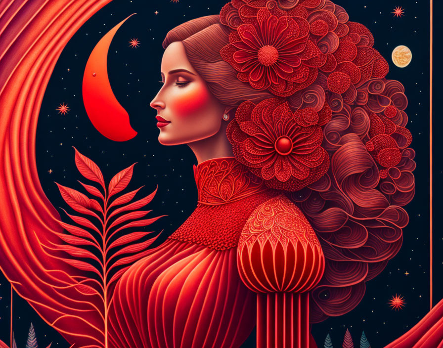 Illustration of woman with red hair and flowers under night sky.