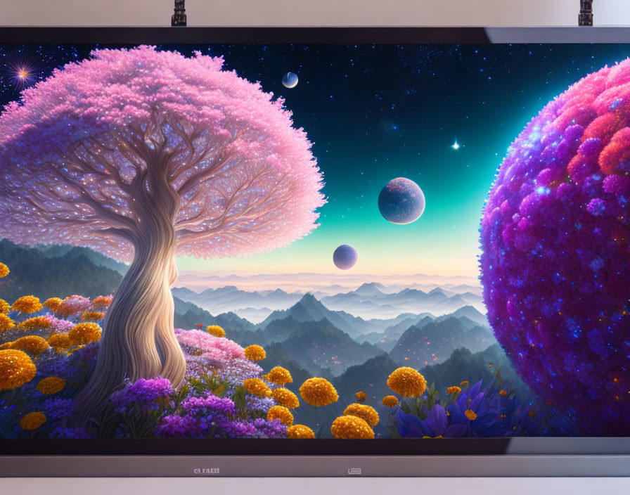 Colorful Fantasy Landscape with Pink Tree and Multiple Moons