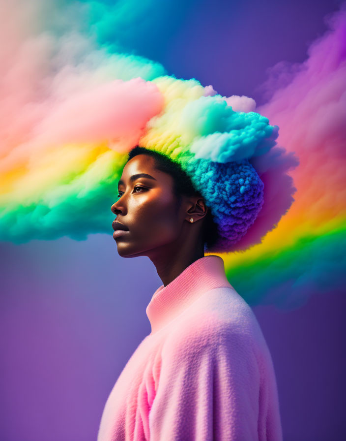 Profile of woman with rainbow smoke hair on purple background