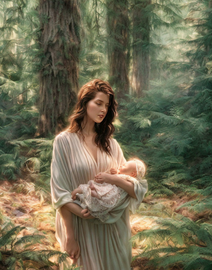 Woman in flowing gown cradles baby in misty forest scene