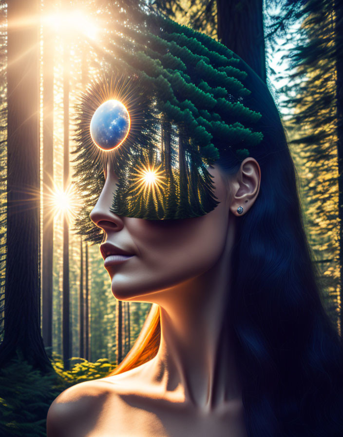 Woman's Profile with Forest and Sunlight Overlay Symbolizing Nature Connection