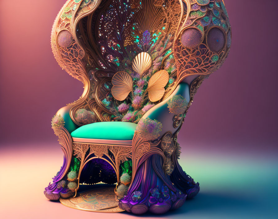 Ornate Peacock-Themed Chair with High Back and Jeweled Accents