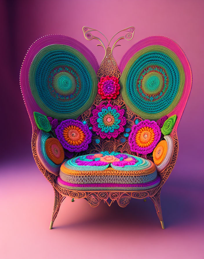 Colorful Butterfly Wing High-Back Chair with Floral Motifs