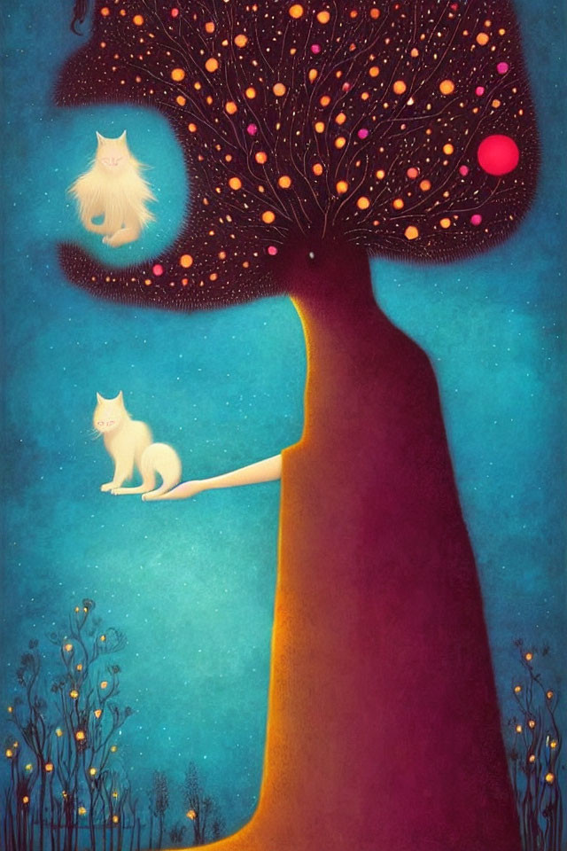 Surreal twilight scene with ethereal white cats and glowing orbs