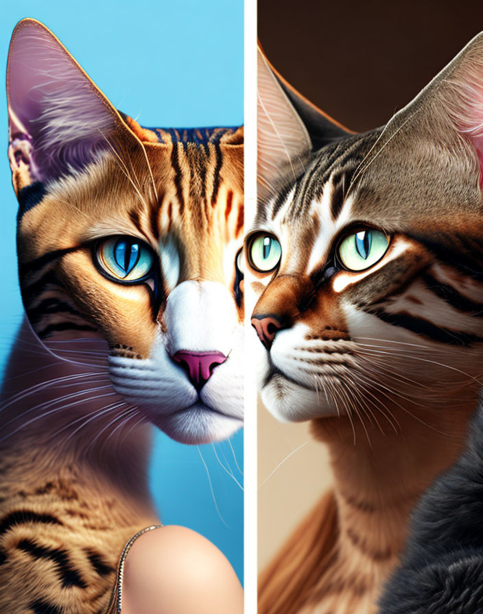 Illustrated vs. Real Bengal Cat Portraits with Blue Eyes and Striped Fur