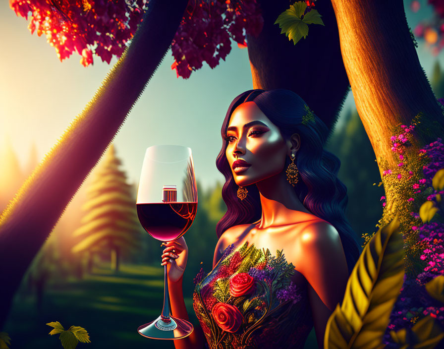 Illustration of woman with wine glass in colorful floral sunset scene