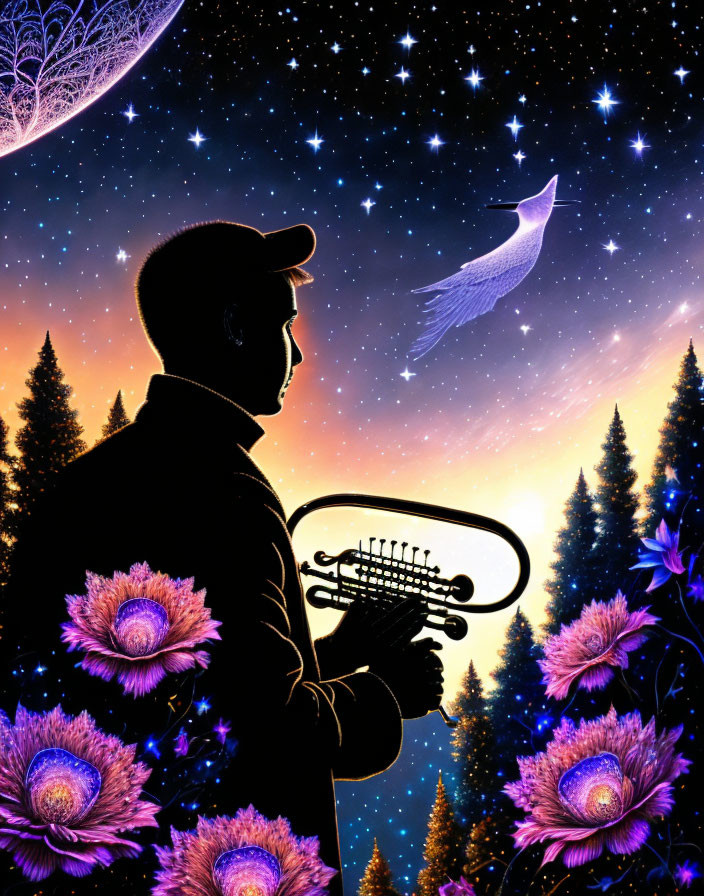 Silhouette of person with horn on cosmic background with stars, bird, and purple flowers