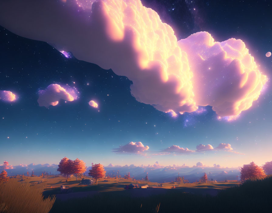 Tranquil twilight landscape with cotton-candy clouds and starry sky