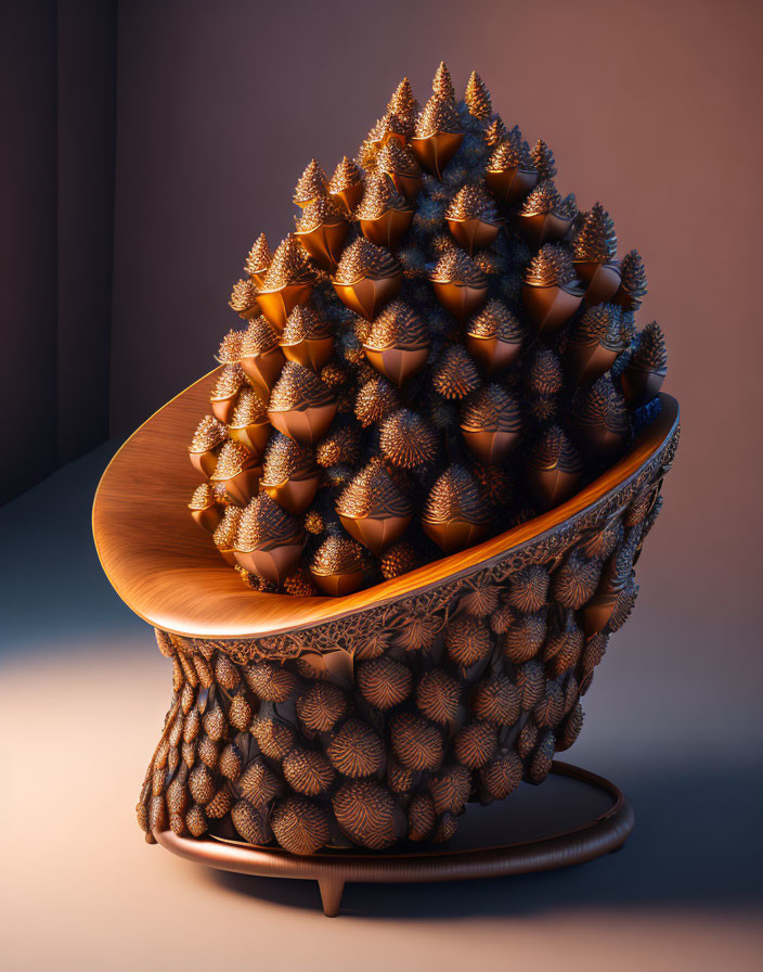 3D-rendered pinecone-inspired sculptural object with intricate textures on warm background