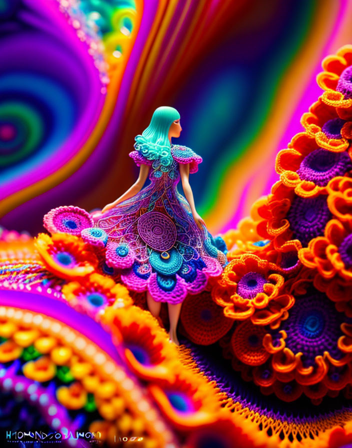 Colorful digital artwork of a woman in intricate dress amid swirling patterns