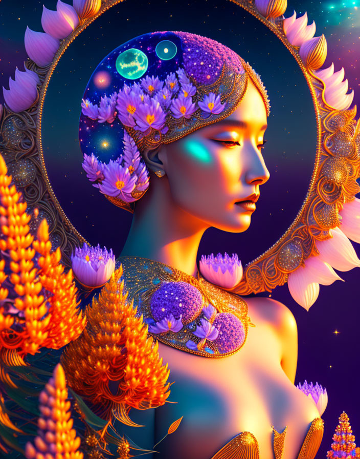 Colorful digital art portrait of woman with floral and celestial motifs on starry backdrop and golden halo.