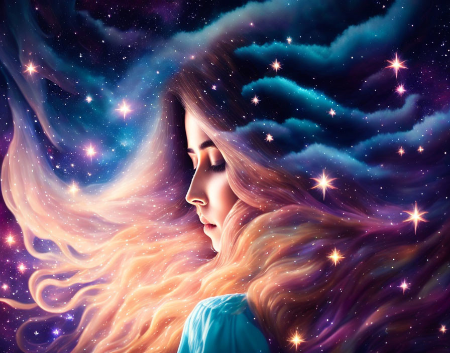 Woman with flowing hair blending into starry galaxy on cosmic backdrop