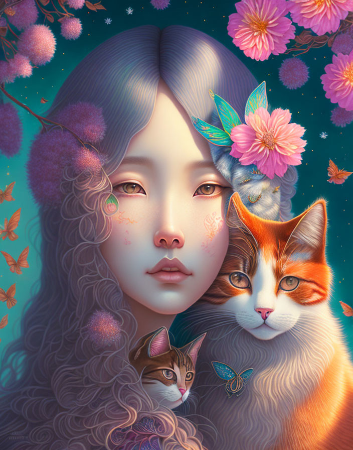 Surreal portrait of woman with flowing hair, flowers, cats, and butterflies on teal backdrop