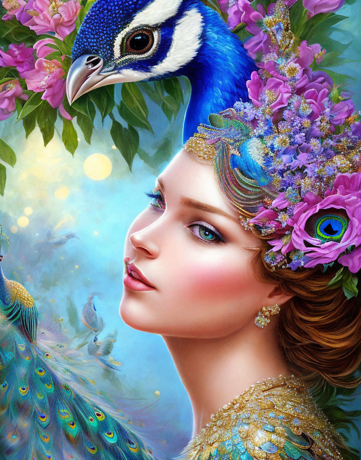 Woman wearing peacock headdress with flowers and jewel-toned colors next to vibrant blue peacock illustration