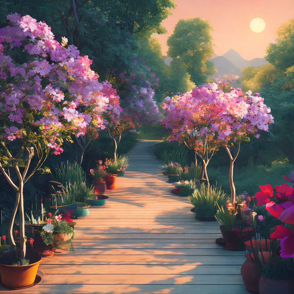 Tranquil Pathway with Blooming Flowers and Sunset Sky