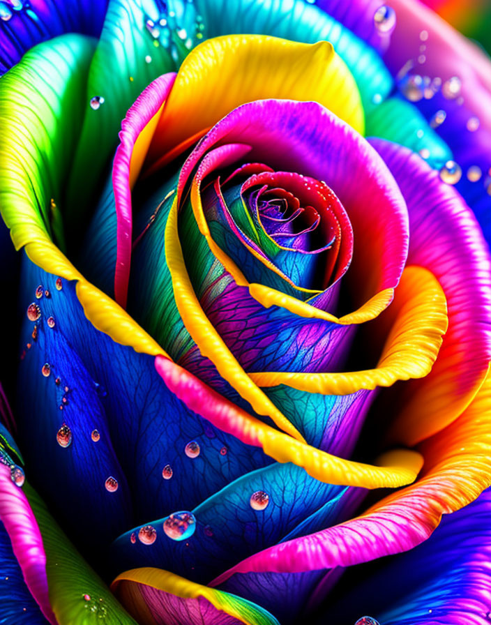 Colorful Rainbow Rose with Water Droplets and Textured Petals