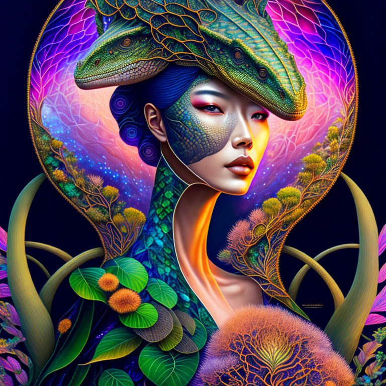 Colorful artwork of woman with blue skin and serpent on head in intricate floral setting