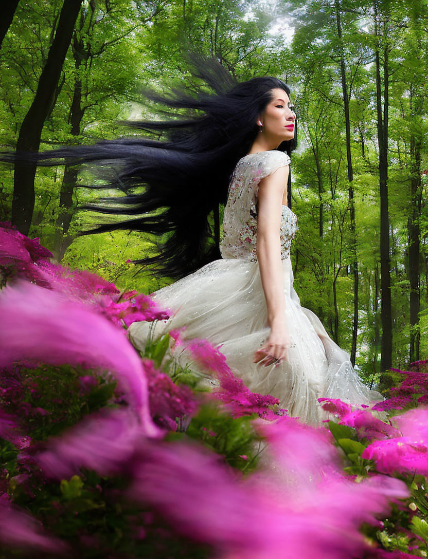 Woman in white dress surrounded by pink flowers in lush green forest.